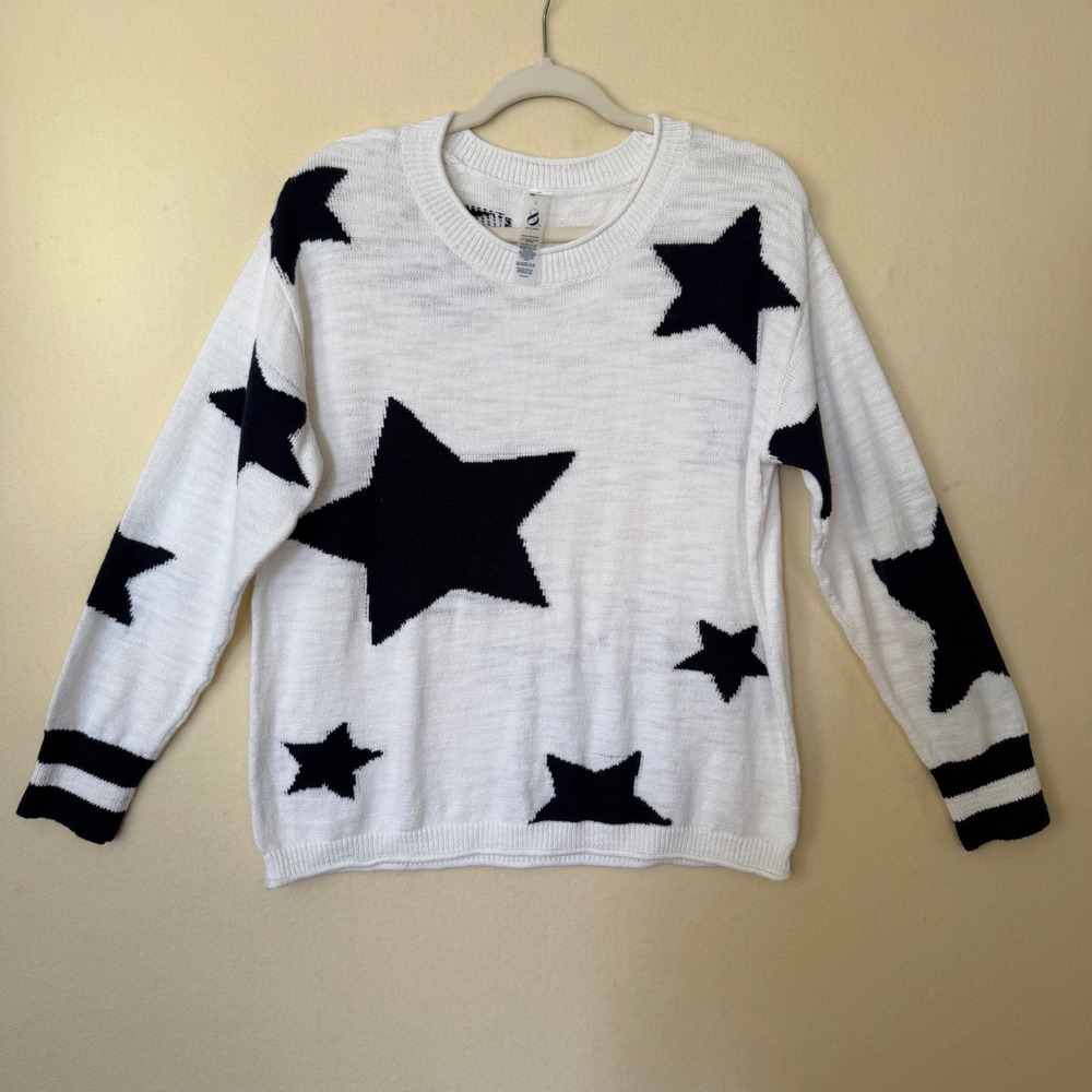 Lou & Grey White Navy Star Print Cotton Linen Blend Crewneck Sweater Large